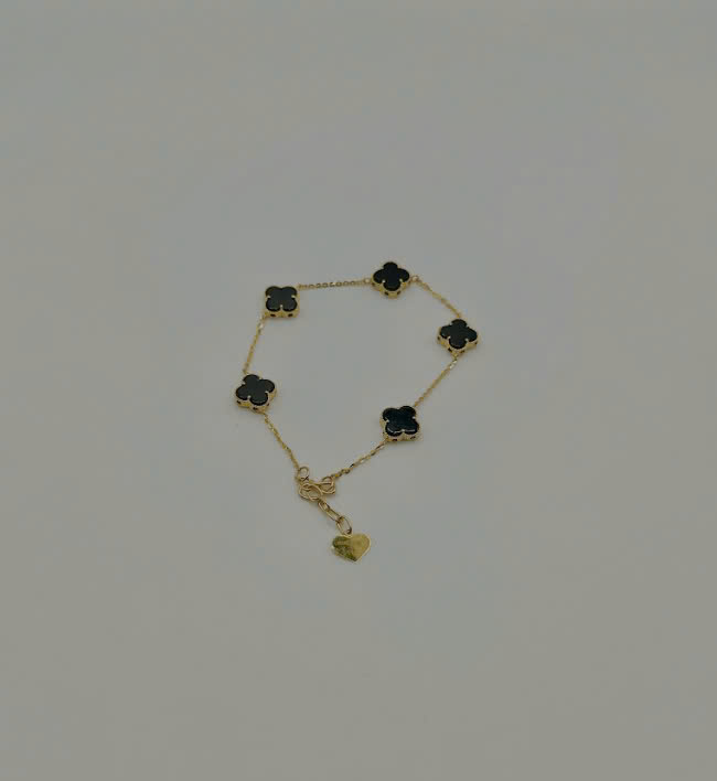 Lắc tay vàng 18k cỏ 4 lá 5 hột đen